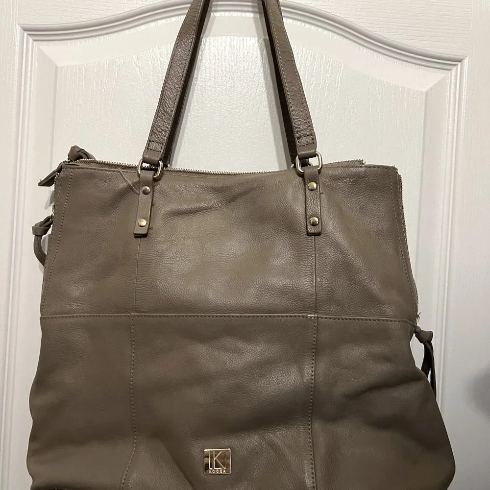 KOOBA Large Taupe Leather Purse-2 Straps-Soft-Gold-Purple Lining-Expands-Hobo